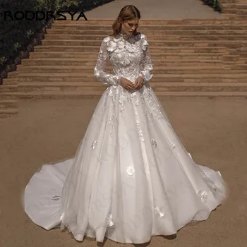 RODDRSYA magas nyakú menyasszonyi ruha 2024 teljes ujjú luxus virágos tüll A vonal menyasszonyi ruha fehér női köntös De Mariée