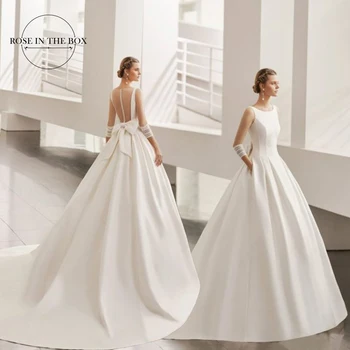 Romantikus hercegnő szatén esküvői ruhák nőknek 2022 Vestidos de Novia 3/4 hosszú ujjú áttetsző menyasszonyi ruhák De Marié köntös