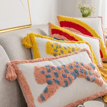 Rózsaszín sárga gepárd csomós párnahuzat 30x50cm Boho kézzel készített hímző párnahuzat Decorativos otthoni dekoráció kanapéhoz