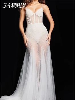 Szexi illúzió menyasszonyi ruha spagetti pántokkal Sellő esküvői ruhák nőknek 2024 Édes tüll gyöngyök menyasszonyi ruha