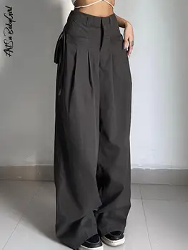 Széles szárú nadrág női zsebes cargo nadrág Fűzős táskás nadrág esztétikus alacsony szárú nadrág Egyszínű szürke alkalmi utcai ruházat Y2K nadrág
