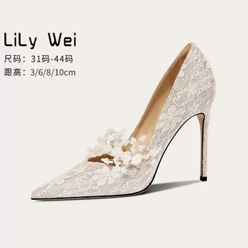 Tavasszal és nyáron új hegyes fejű csipke gyöngyvirág esküvői cipő vékony magas sarkú partiruha nagy kis női egyszemélyes cipő