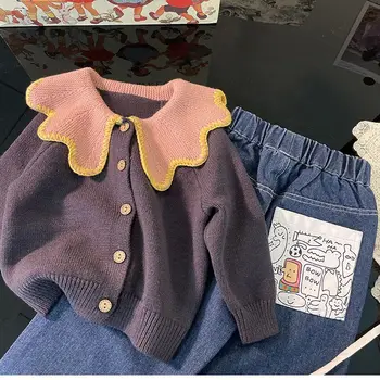 Tavaszi egyszínű pulóver őszi ruhák 2023 Új koreai gyermek baba pulóver felsőruházat kardigánok lány ruházat F79