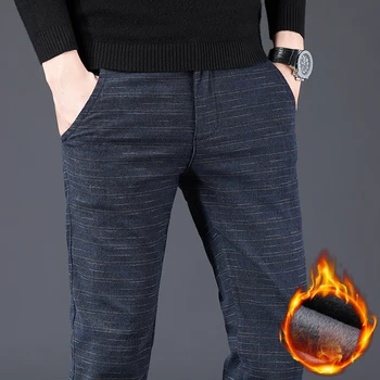Téli meleg férfi vékony egyenes nadrág Őszi téli vastag pamutvászon utánzat Csiszolt Business alkalmi kockás nadrág