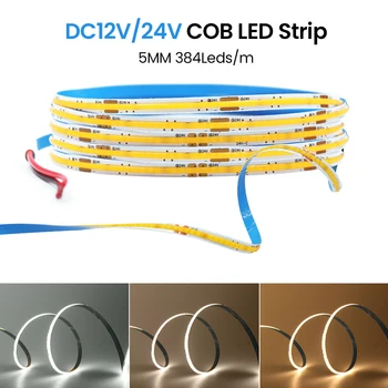 Új szabályozható 5mm COB LED szalag 12V 24V 384Led / m nagy sűrűségű rugalmas lineáris LED szalag lágy fénysáv dekorációs világításhoz 16.4FT