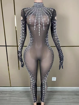 Új tervezésű nagy gyöngyök strasszok stretchransparentjumpsuit esti születésnapÜnnepelje a ruhát szexi táncos bodyk D005