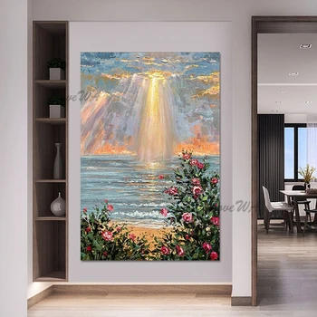 Új érkezés Vörös virág olajfestmény Keret nélküli dekoráció Absztrakt fali művészet Vászonművészet Naplemente tengeri tájkép Fali képek a nappalihoz