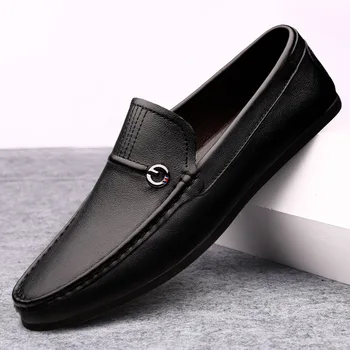 ÚJ Üzleti alkalmi bőrcipők férfi nyár új első réteg marhabőr Brit divat slip-on babcipő lusta cipő kényelmes