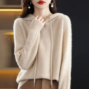 Őszi téli nők gyapjú kapucnis pulóver koreai laza alkalmi kiváló minőségű pulóver elegáns női meleg kötött pulóver