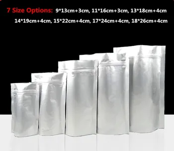 100db / tétel - 7 méret opció Alumínium fólia álló táska Cipzáras tömítés Csomagolózsákok Élelmiszer-minta Tea Candy Party ajándéktáskák
