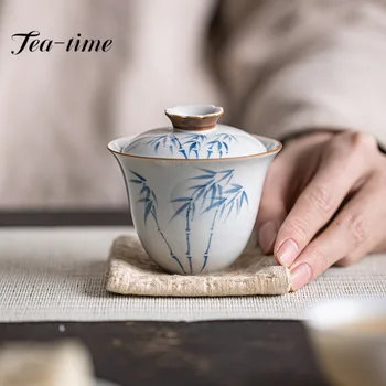 100ml máz alatti kézzel festett bambusz kerámia fedett tál Kínai teakészítő Gaiwan kis nem forró teástál Kung Fu teáskészlet ajándék