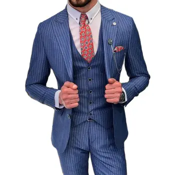 2022 Kék 3 részes legújabb stílusú férfi öltönyök Design Business Blazer nadrág csíkos férfi öltönyök Slim Fit kabát+nadrág+mellény party viselet