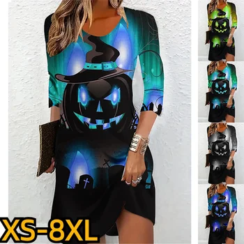 2023 Női legénység nyak 3D nyomtatás hosszú ujjú szoknya Őszi divat MIDI szoknya Halloween térdig érő szoknya téli elegáns ruha