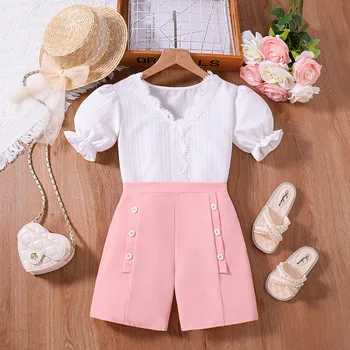 2023 Új gyerekruha szettek Rövid ujjú V nyakú csipke póló rózsaszín rövidnadrág 2 részes készlet Designer lány ruha szett 8-12T