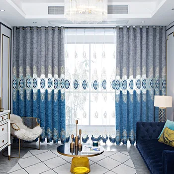 2023 Új szövet Európai stílusú függönyök nappalihoz Étkező hálószoba hímzett függönyök Villa függönyök Kék francia ablak
