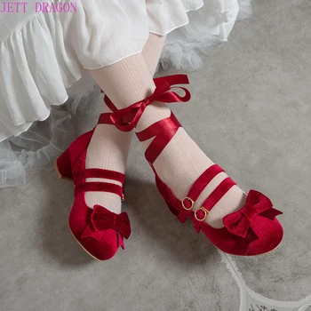 2024 tavasz ősz Új nők Pumps Lolita cipők Platform magas sarkú cipő piros csipke Mary Jane cipő Bow Block sarok Női party cipő