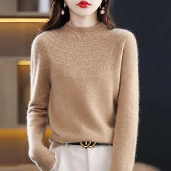 23 Új modellekFront Line konfekcióruhák Fél garbó Üreges pulóver Női új kötöttáru Bő szabású, sokoldalú pulóver 
