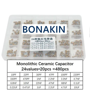 24értékek * 20db = 480db monolit kerámia kondenzátor 10pF ~ 10uF, kerámia kondenzátor vegyes készlet + BOX