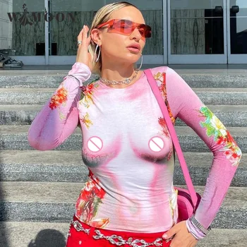 3D Body Graphic Print hosszú ujjú szexi felső póló 2023 Nyár Ősz Női Divatfesztivál Streetwear Party Club Y2K ruhák