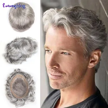 #580 Human Hair Toupee for Men Sliver Grey férfi hajfesték finom mono NPU hajpótló rendszerrel Wave férfi paróka tapasz 8x10