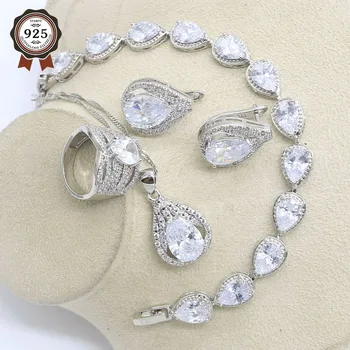 925 Ezüstfehér topáz menyasszonyi ékszer szettek nőknek Stud fülbevaló Nyaklánc gyűrű Medál karkötők