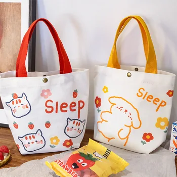 Aranyos rajzfilm macska kutya friss újrafelhasználható nők vászon tároló táska Mini kézitáska Koreai stílusú kis bevásárlótáska lány kapacitáshoz