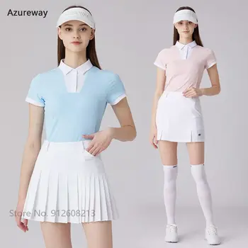 Azureway Lány rövid ujjú sportingek Női koreai gyorsszárú golfpóló Magas derékú szoknya Golf tenisz Culotte ruhakészletek