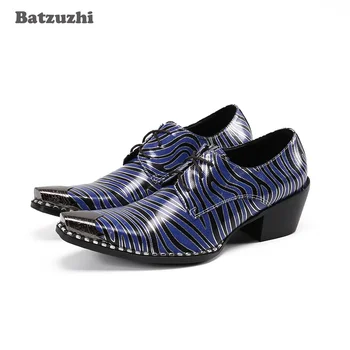 Batzuzhi tervezői férfi cipő hegyes orrú formális bőrruha cipő férfi fűzős 6,5 cm-es magas sarkú cipő kék party, üzleti cipő férfi