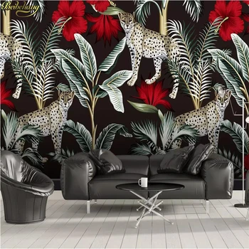 beibehang Egyéni 3D tapéta Északi minimalista piros virágok Gepárd trópusi levelek TV kanapé háttér fal papel de parede