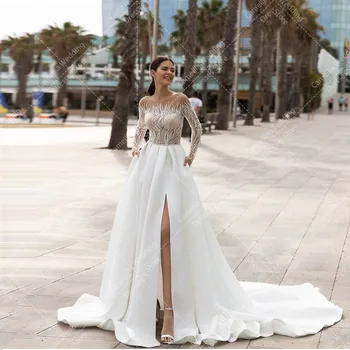 Boho Luxus elegáns esküvői ruhák A Line női hercegnő kedvesem csipke rátétek Szatén menyasszonyi ruhák Hivatalos bohém vestidók