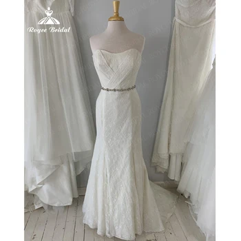 Bohém kedvesem sellő menyasszonyi ruhák hát nélküli csipke kristályöv vidéki teahosszúságú maxi hüvely Boho esküvői ruha