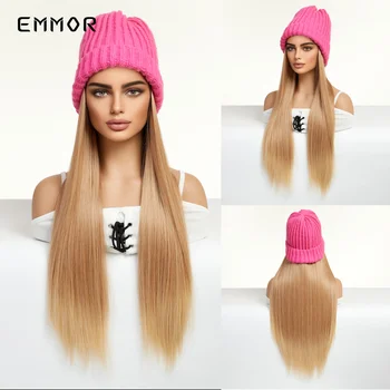 CharmSource kalap hajjal Parókák nőknek 24 hüvelyk hosszú szőke egyenes hajú szintetikus paróka meleg puha síléc kötött őszi téli sapka