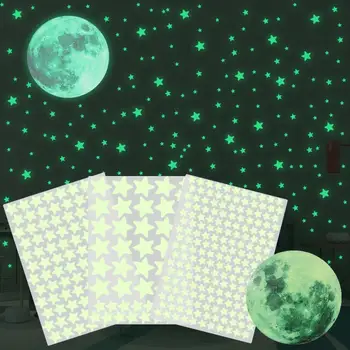 DIY 3D csillagos mennyezet Ragaszkodás Lakberendezés fluoreszkáló teljes Luna világító matricák Hold csillagok Falmatricák sötétben világítanak