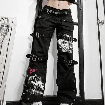 E-girl Gothic Black Cargo Pants Capri Women Low Derék Farmer Hosszú nadrág Y2K Grunge Vintage Hip Hop Punk Harajuku Streetwear