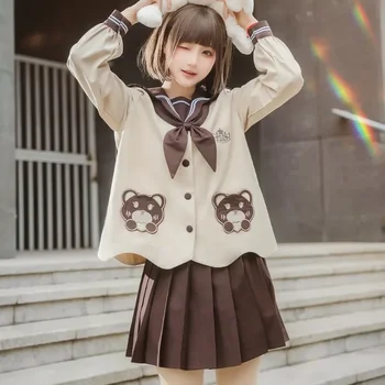 Egyenruha ujjú hosszú aranyos diák tengerész Kawaii rakott medvével 2023 nyarán női lány barna rövid öltöny nyakkendő