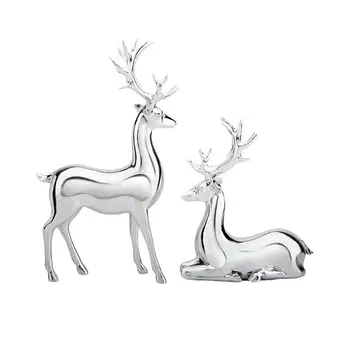 Ezüst rénszarvas figurák 2DB Galvanizált ezüst karácsonyi asztal dekoráció Kézműves darab Gyanta szobor Karácsonyi Központ