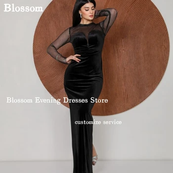 Fekete tokos bársony estélyi ruhák báli tüll hosszú ujjúakhoz Szexi 2024-es téli parti formális ruhák vestidos de fiesta