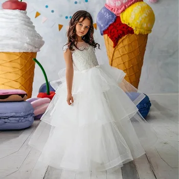 fodros fehér virágos lány ruhák esküvőre elegáns csipke tüll kisgyermek szépség ruhák Lépcsőzetes hercegnő születésnapi parti báli ruha