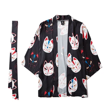 Férfi divat Rajzfilm Macska félujjú kimonó dzseki Harajuku utcai ruházat Hip-hop fürdőköpeny Cardigan kabát övvel