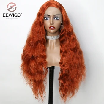 Ginger szintetikus csipke elülső hőálló kék piros rózsaszín narancssárga hosszú mélyhullám perverz göndör drag queen cosplay parókák nőknek
