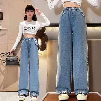 Girls Jeans Spring 2023 pamut széles szárú nadrág gyerekeknek Alkalmi tizenévesek Iskolás gyerekek nadrágja Rugalmas derék Lány ruhák