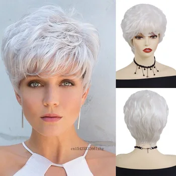 GNIMEGIL szintetikus női haj természetes pixie vágott parókák nőknek rövid ezüstfehér paróka frufruval hullámos fodrász napi cosplay