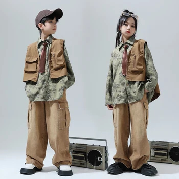 Gyermek lányok Hip Hop ruházat Vintage mintás ing Khaki Cargo nadrág Gyerekek Street Dance kabát szettek Tizenéves Jazz jelmezek