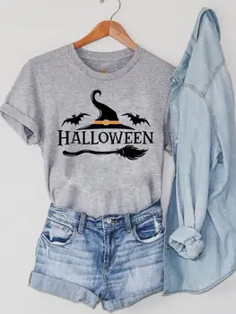 Halloween női póló ősz Őszi O-nyakú ruházat Boszorkány kalap Szép 90-es évek Aranyos hálaadás nyomtatás Top Lady grafikus póló