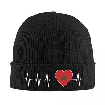 Heartbeat Marokkó Country Flag Skullies Beanies Caps Streetwear Téli meleg kötött kalap Felnőtt marokkói szív Családi motorháztető kalapok