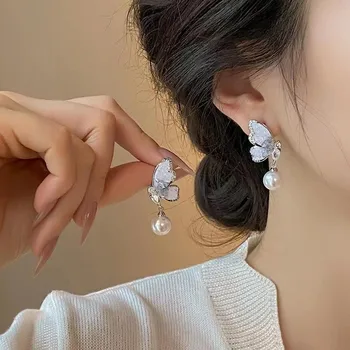 Japán koreai prémium pillangó fülbevaló nőknek elegáns gyöngy kristály fülbevaló lányok esküvői parti luxus ékszerek
