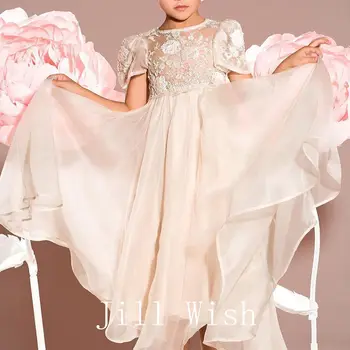 Jill Wish Luxus pezsgővirág Lány ruha gyöngyfűző rátétekkel Hercegnő ruhák gyerekeknek Esküvő Születésnapi zsúr Szépségverseny J136