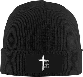 Jézus nevében erő van sapka férfiaknak nőknek Fekete téli kalap Meleg kötött mandzsettás sapka