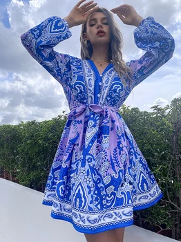 Khalee Yose Vintage Boho virágos miniruha hosszú ujjú őszi alkalmi női ünnepi ruhák öves kék lila elegáns női ruha
