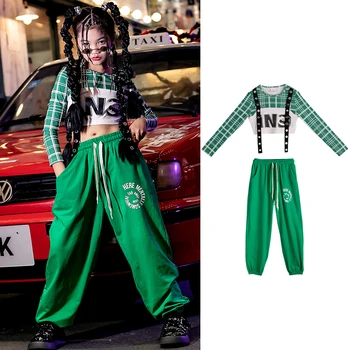 Kids Green Top Hiphop nadrág lányoknak Társastánc ruhák Jazz jelmez Színpadi előadás Street Dance ruhák XS7194